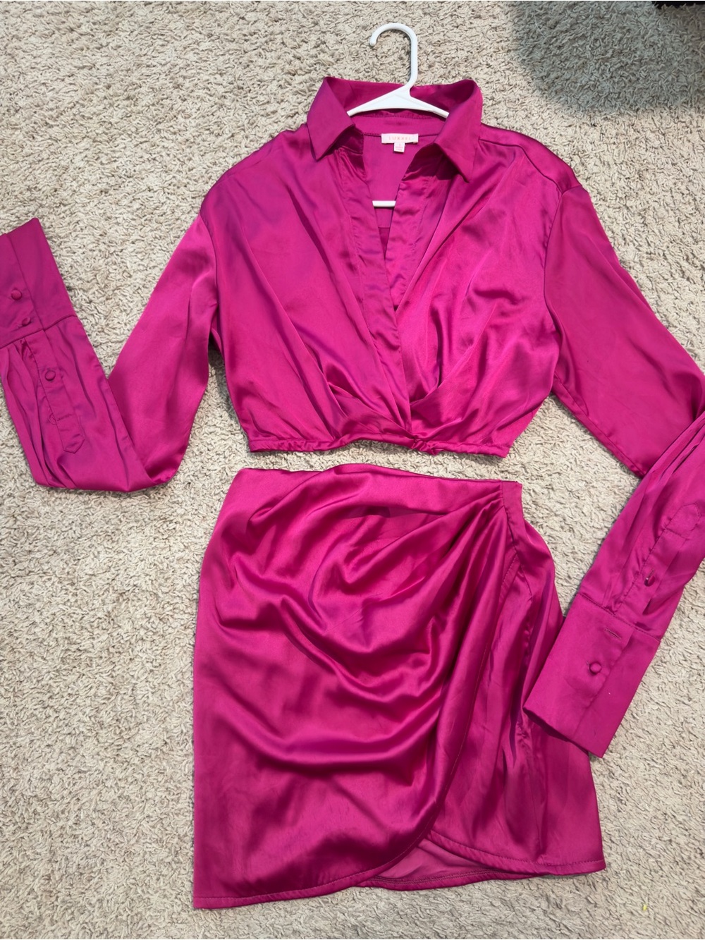 Fuchsia Satin SET - Wrap Crop Blouse & Skirt Set
